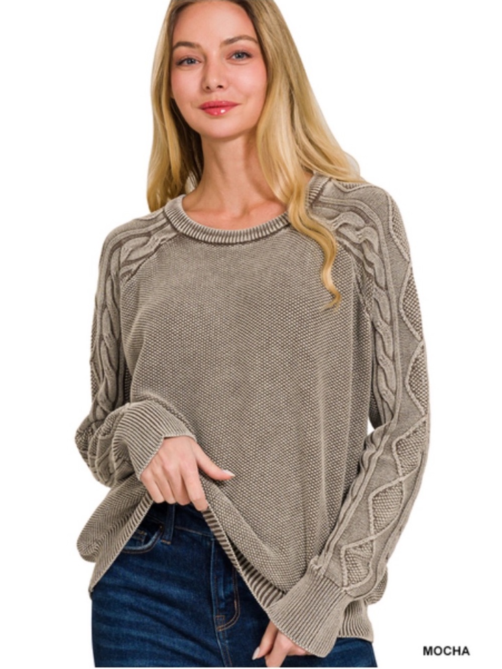 318 1 left STONE WASHED CABLE-SLEEVE CREWNECK
SWEATER